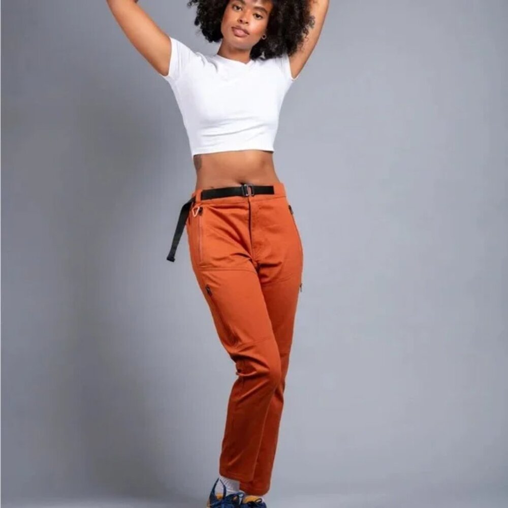 WONDERY Lydia Pants Womens XS Orange‎ Belted Elastic Waist Zip Pockets Hiking